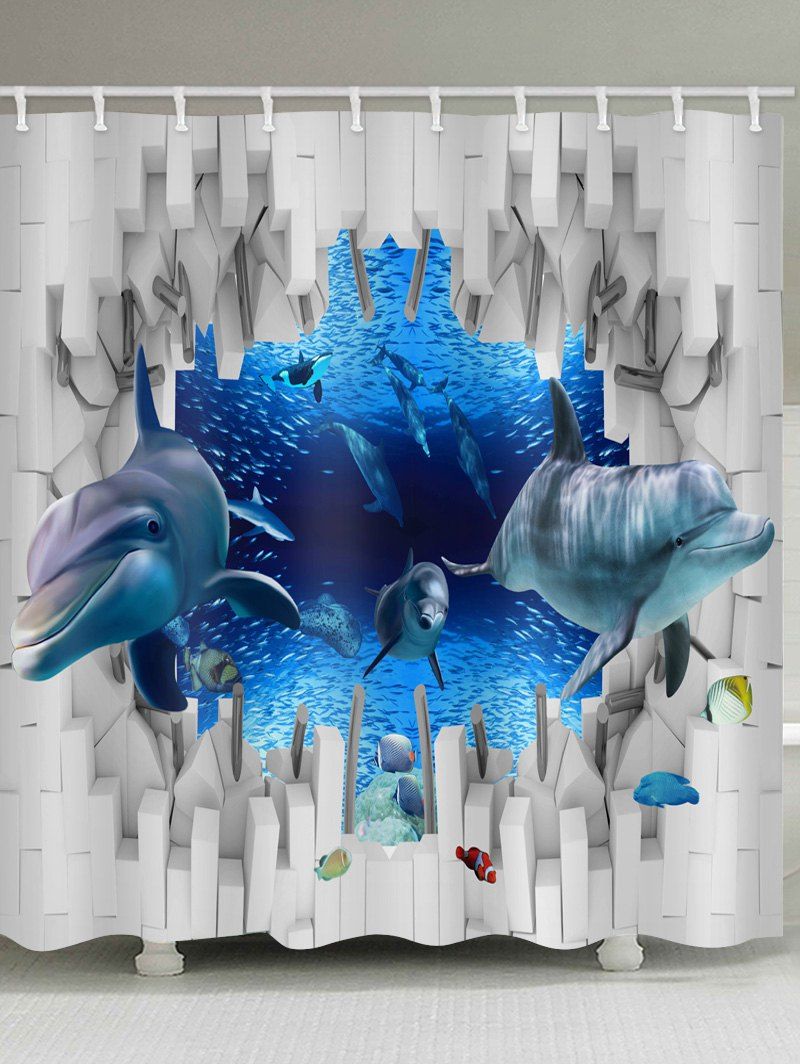 

3D Dolphin Printed Waterproof Bath Curtain, Blueberry blue