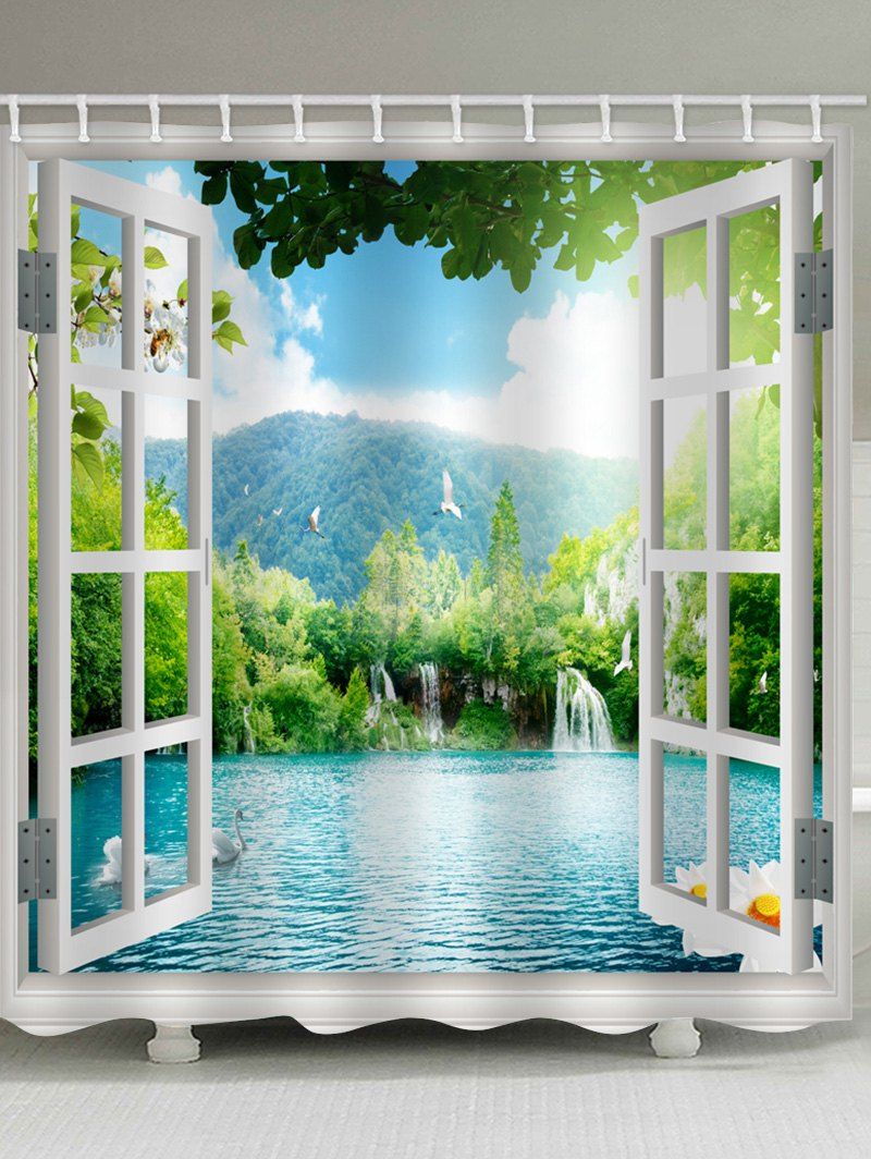 

Window Scene Print Waterproof Bath Curtain, Macaw blue green