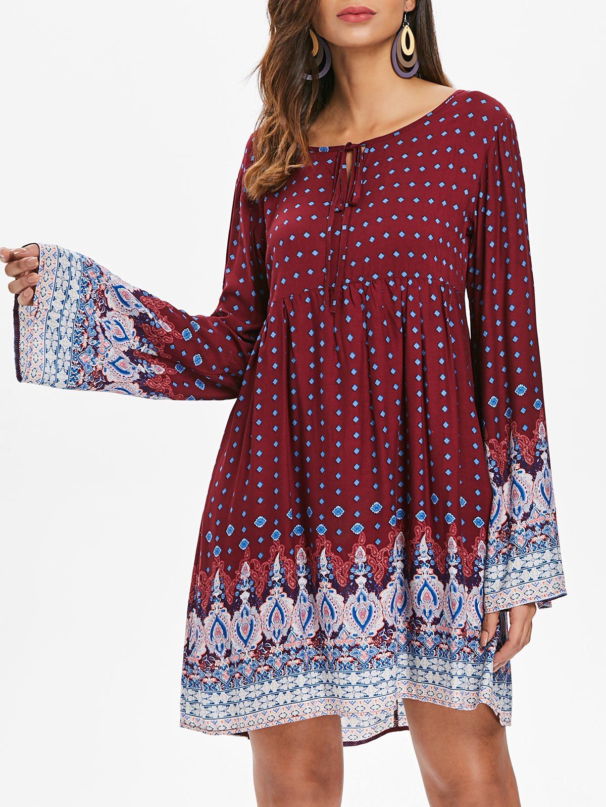 

Full Sleeve Ethnic Print Casual Dress, Red wine