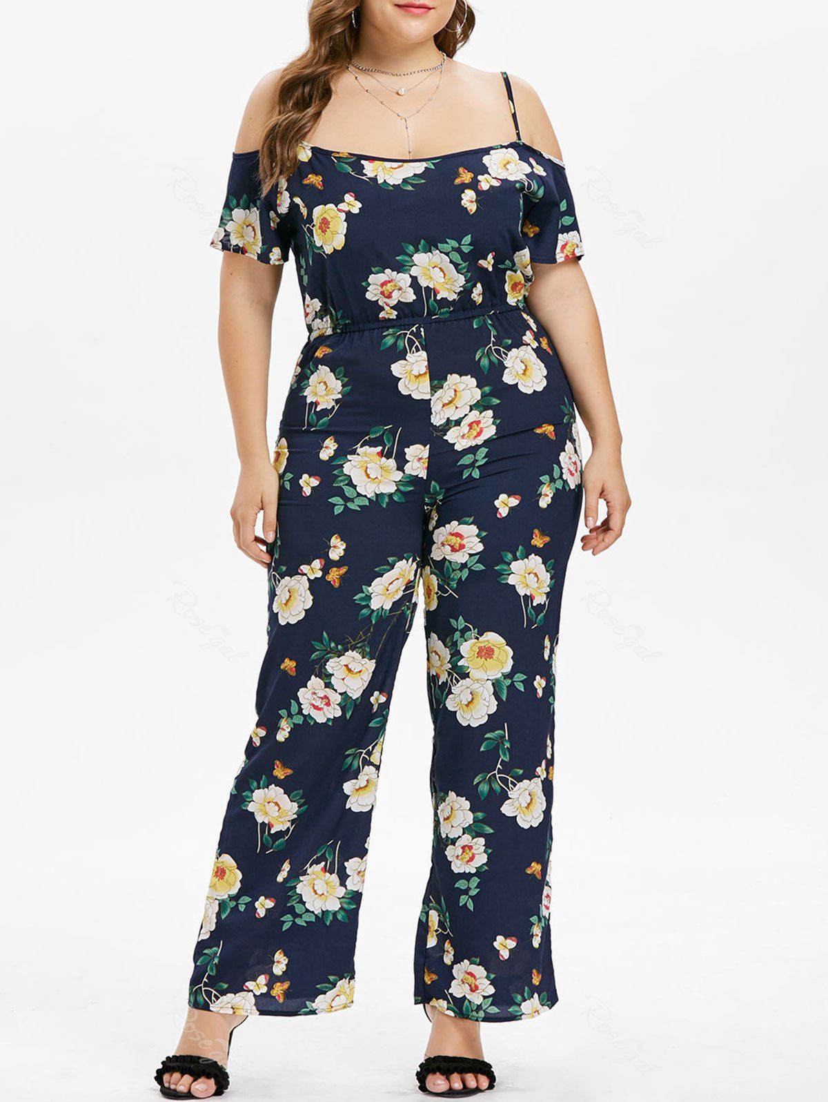 

Plus Size Flower Cami Jumpsuit, Navy blue