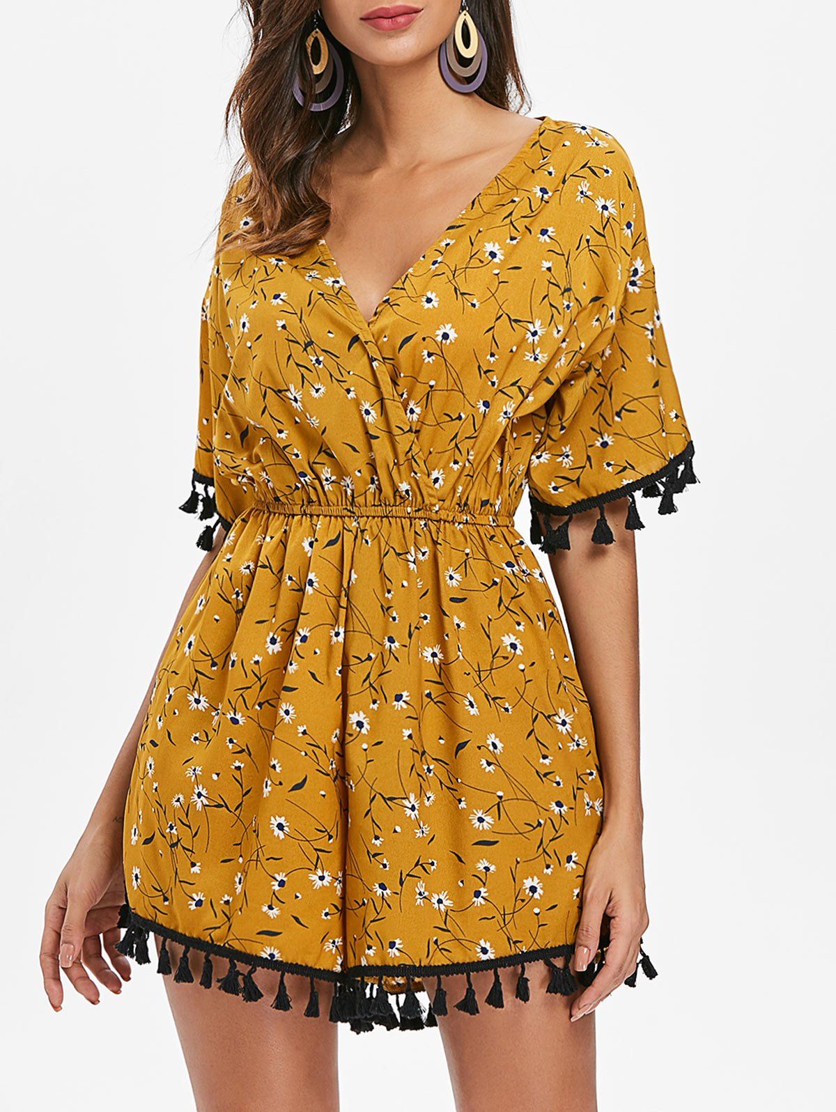 Latest V Neck Tassels Floral Playsuit  