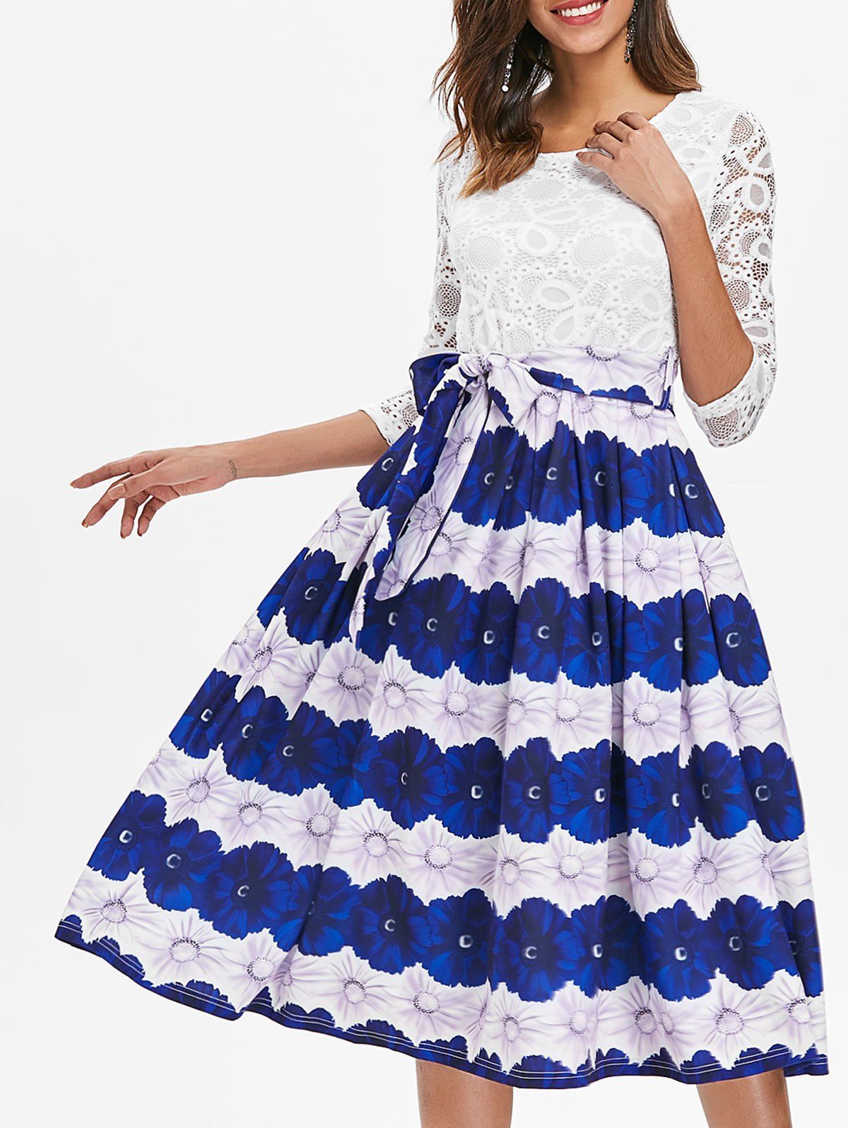 

Lace Insert Floral A Line Dress, Milk white