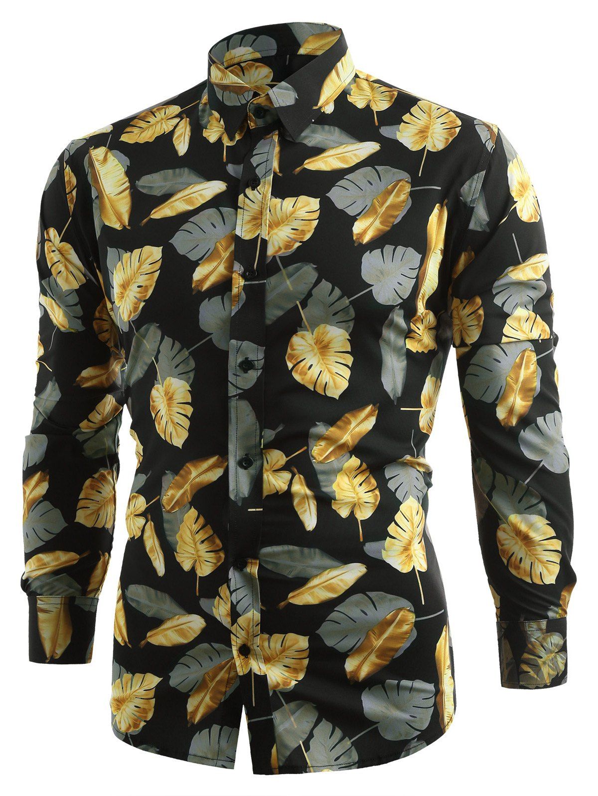 

Long Sleeve Allover Golden Leaves Printed Shirt, Black