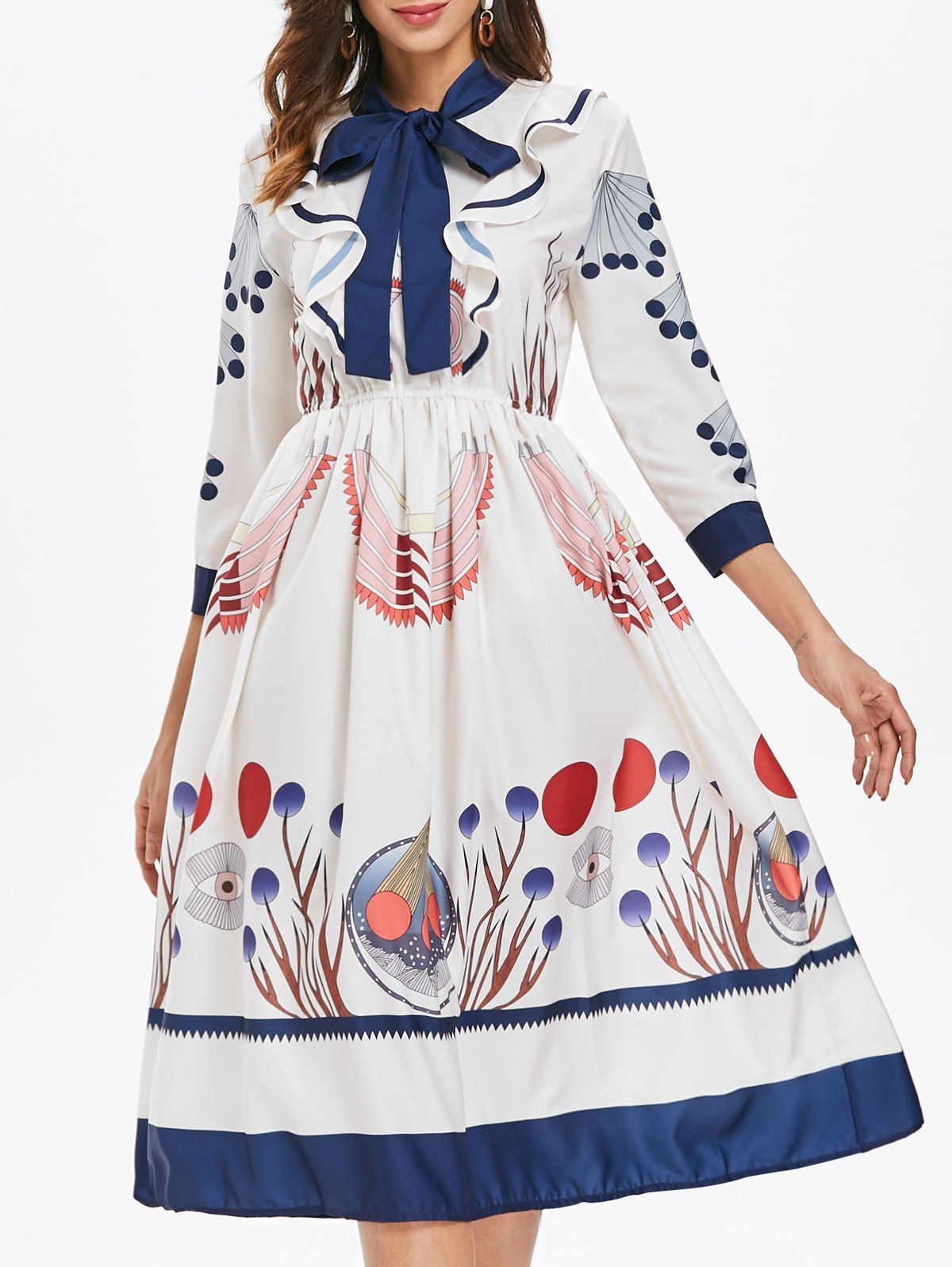 

Bowknot Neck Printed Fit and Flare Dress, Warm white
