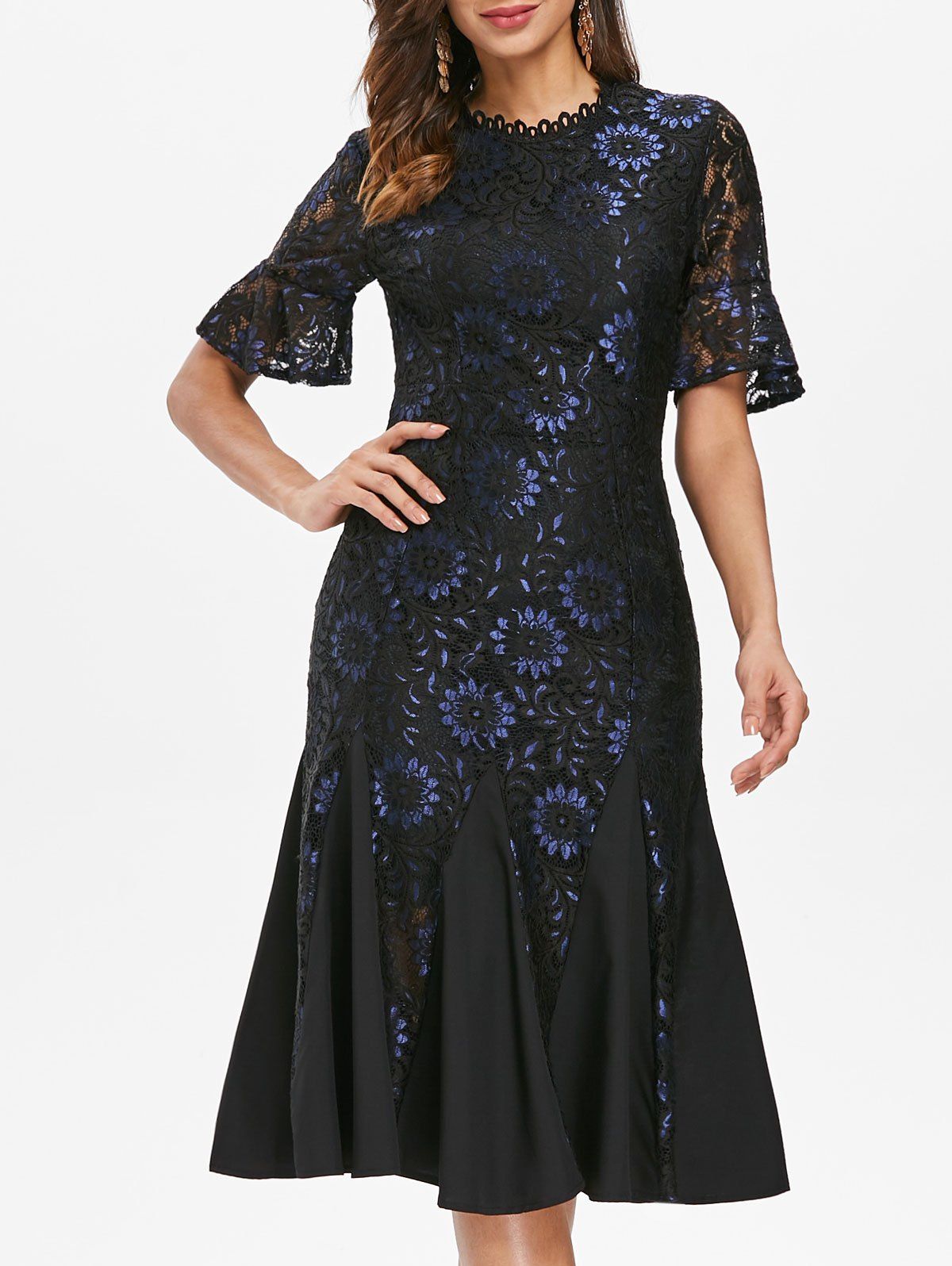 

Flare Sleeve Lace Crochet Mermaid Dress, Black
