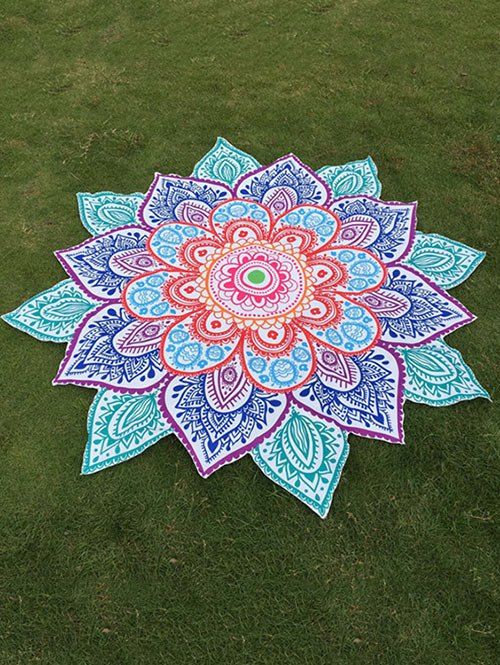 

Multicolor Indian Mandala Paisley Lotus Shape Beach Throw, Blue