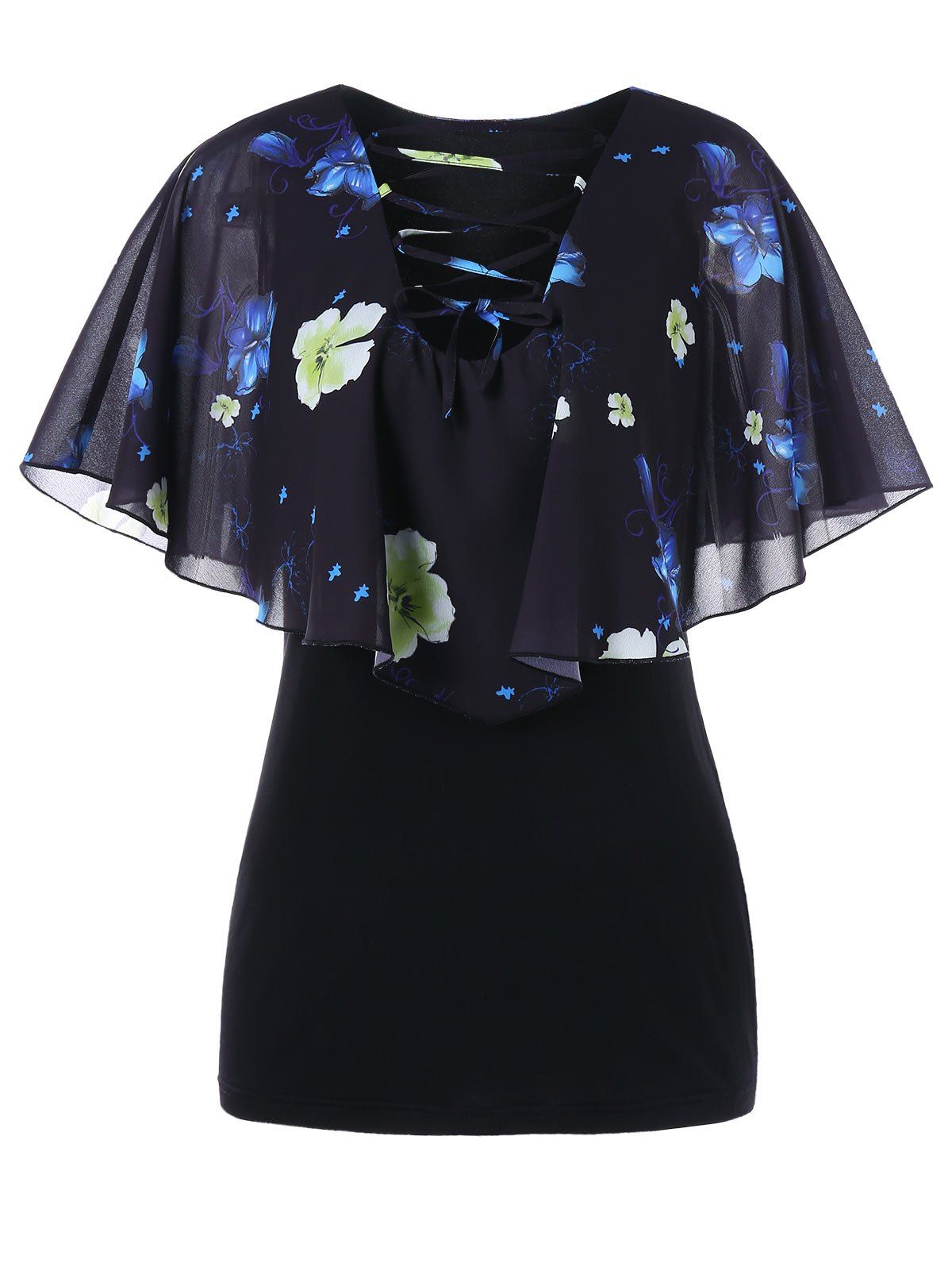 

Flower Print Chiffon Panel Blouse, Black