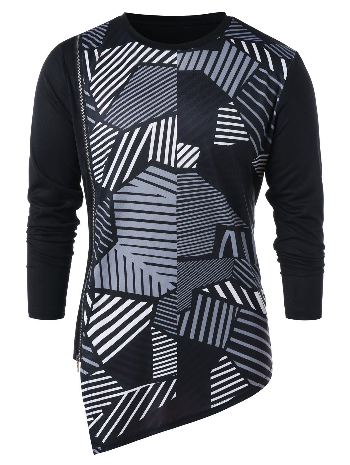 

Asymmetric Geometric Print Zipper Embellished T-shirt, Black