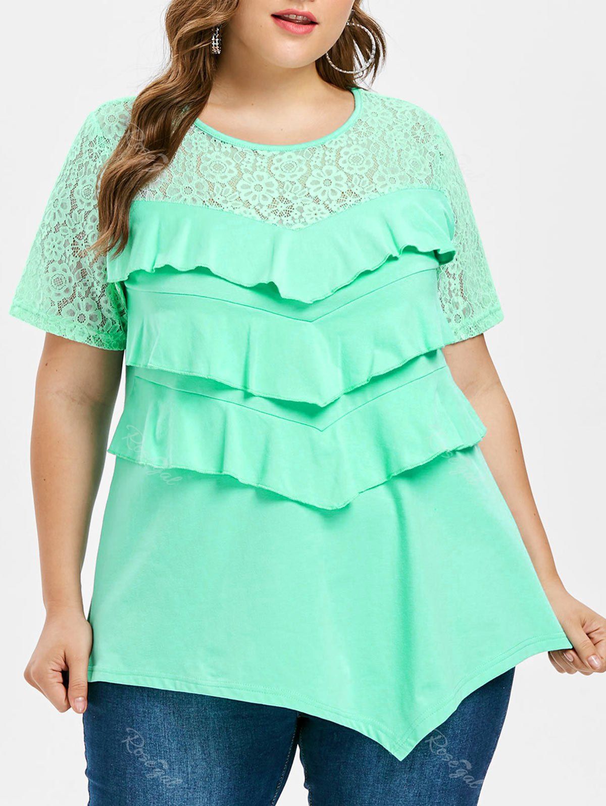 

Plus Size Lace Ruffle T-shirt, Green