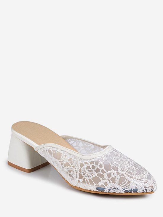 

Plus Size Pointed Toe Mid Heel Lace Slide Sandals, White