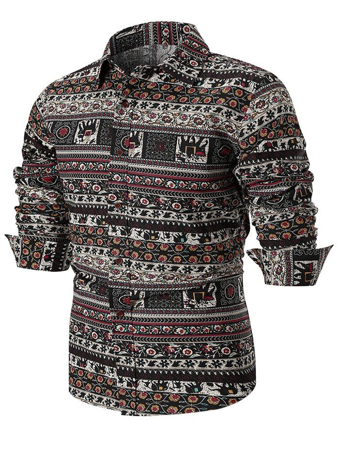 

Elephant Tribal Print Button Up Long Sleeve Shirt, Multi-a