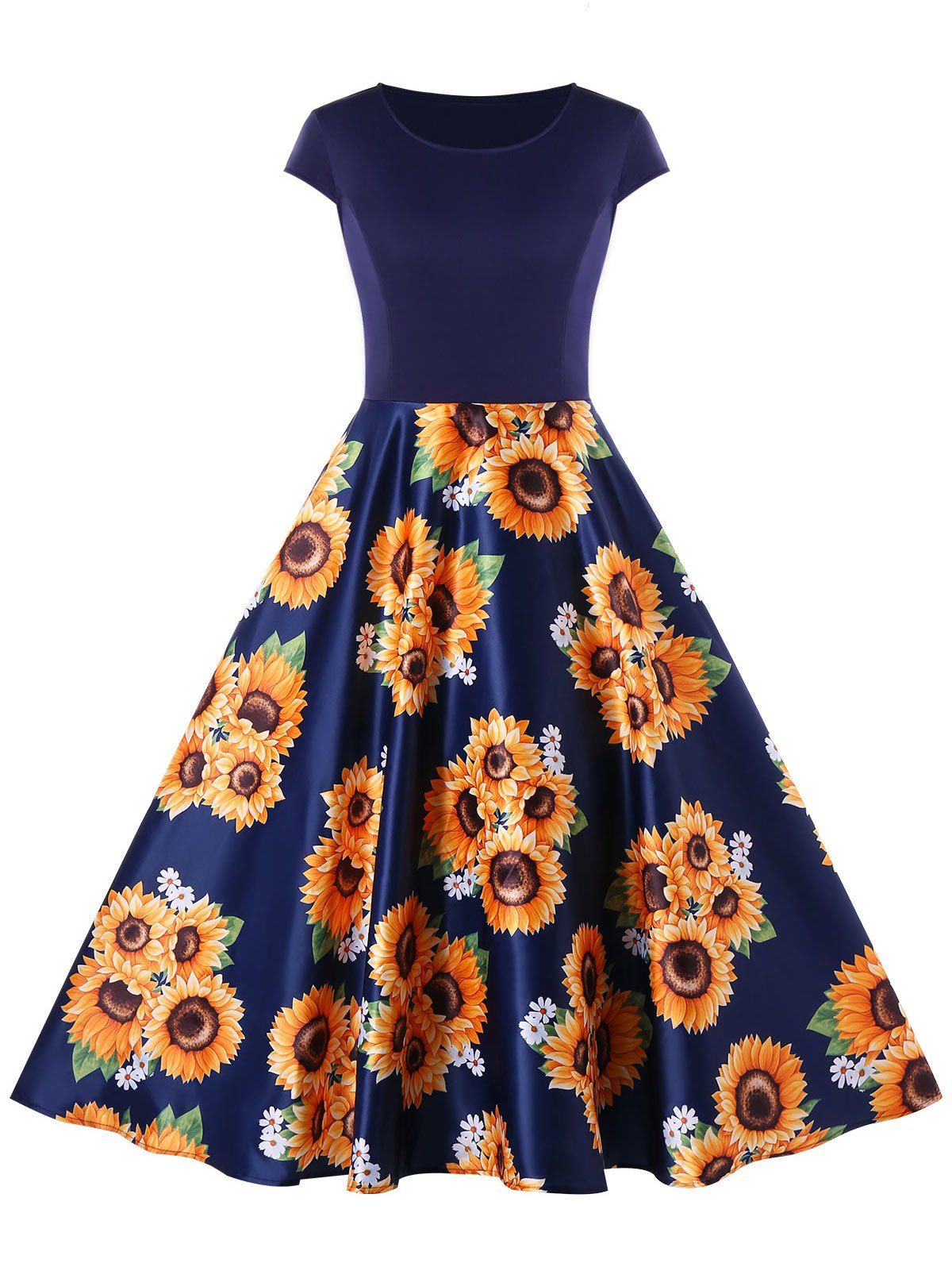 

Sunflower Print Round Neck A Line Dress, Deep blue