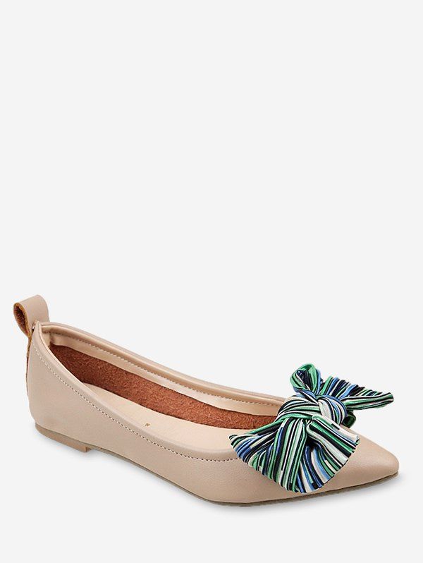 

Pointed Toe Striped Bowknot Leisure Flats, Beige