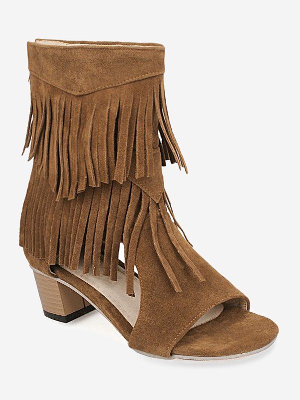 

Plus Size Low Heel Hollow Out Fringe Decoration Sandals, Light brown