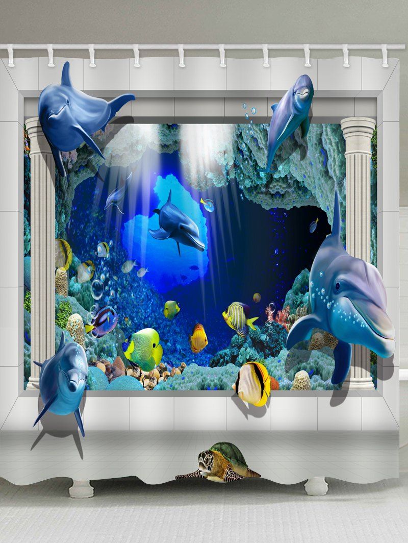 

3D Dolphin Fish Printed Waterproof Bath Curtain, Cobalt blue