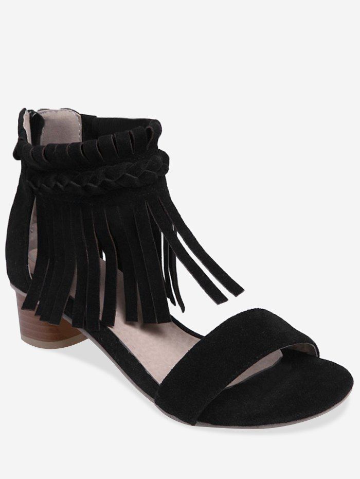 

Plus Size Block Heel Fringes Decoration Ankle Sandals, Black