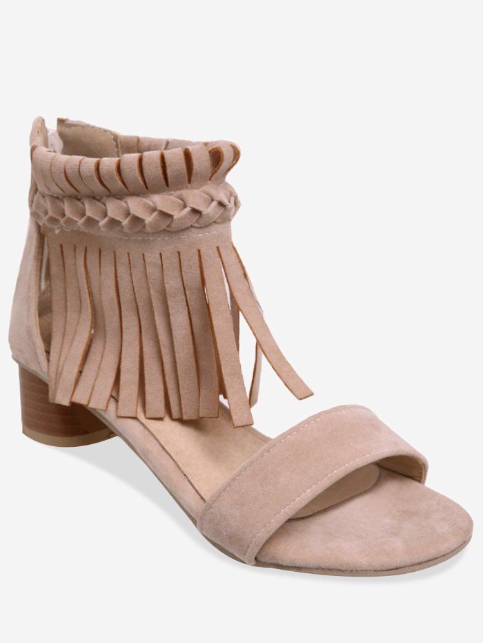 

Plus Size Block Heel Fringes Decoration Ankle Sandals, Beige