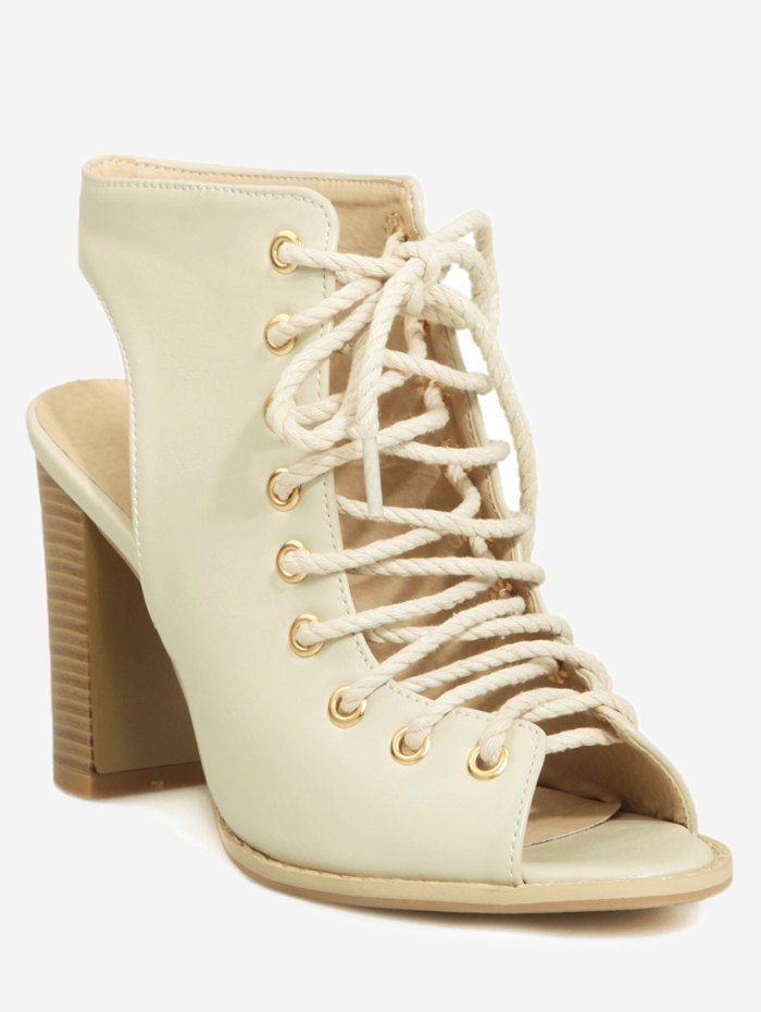 

Plus Size Peep Toe Block Heel Backless Lace Up Sandals, Beige