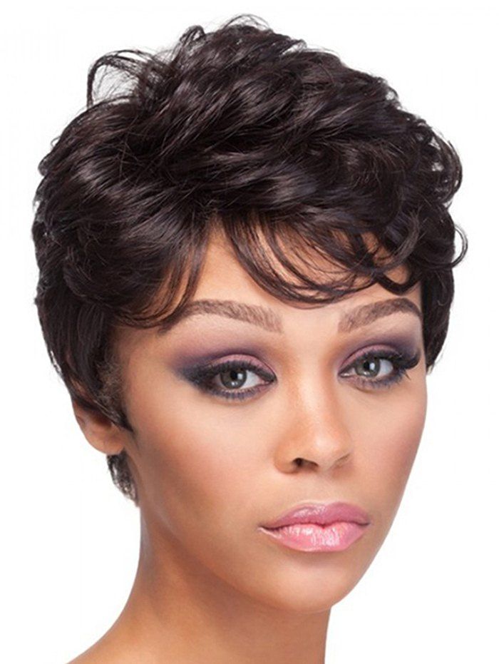 

Short Side Bang Slightly Curly Capless Synthetic Wig, Deep brown