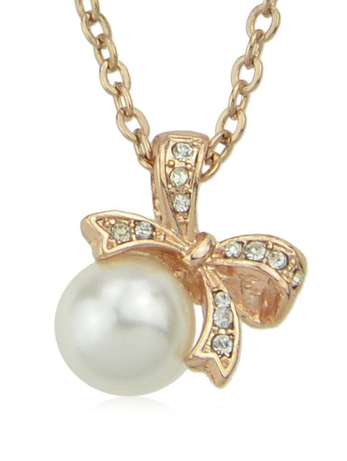 

Rhinestone Bow Faux Pearl Pendant Necklace, Gold