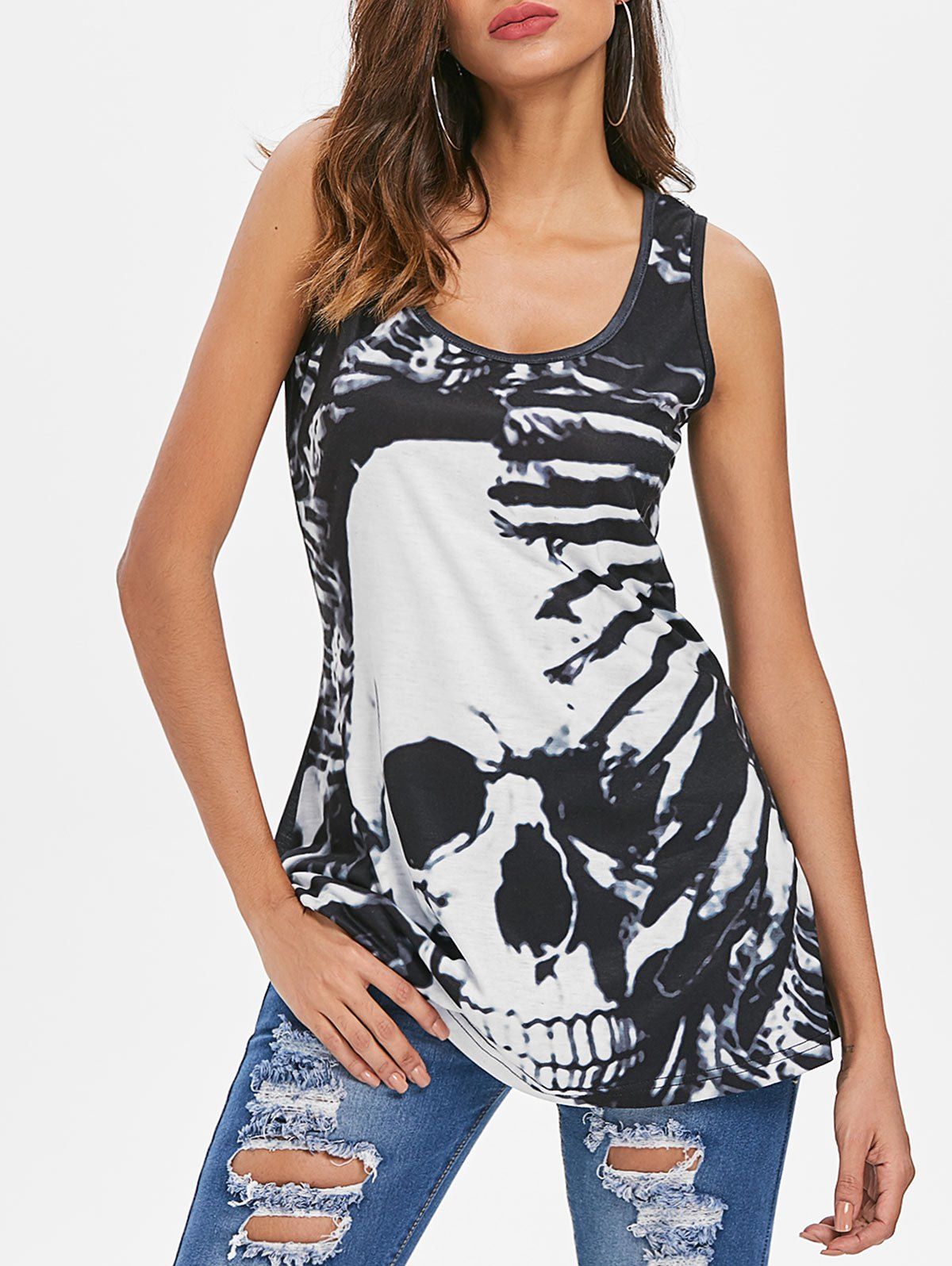 

Lace Back Skull Print Tank Top, Black