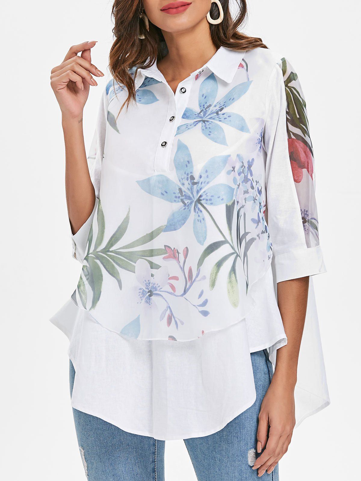 

Floral Overlay Tunic Top, White