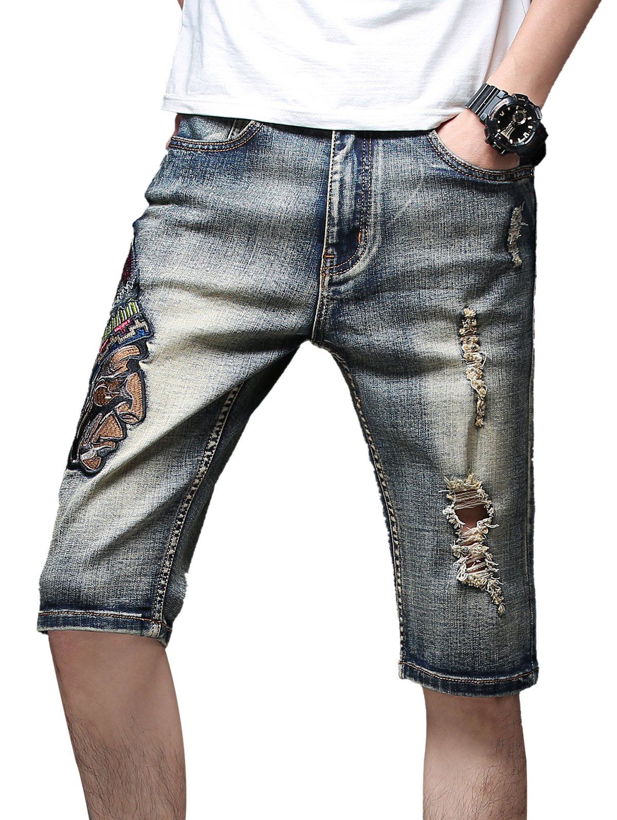 

Vintage Indian Embroidery Torned Casual Denim Shorts, Marble blue