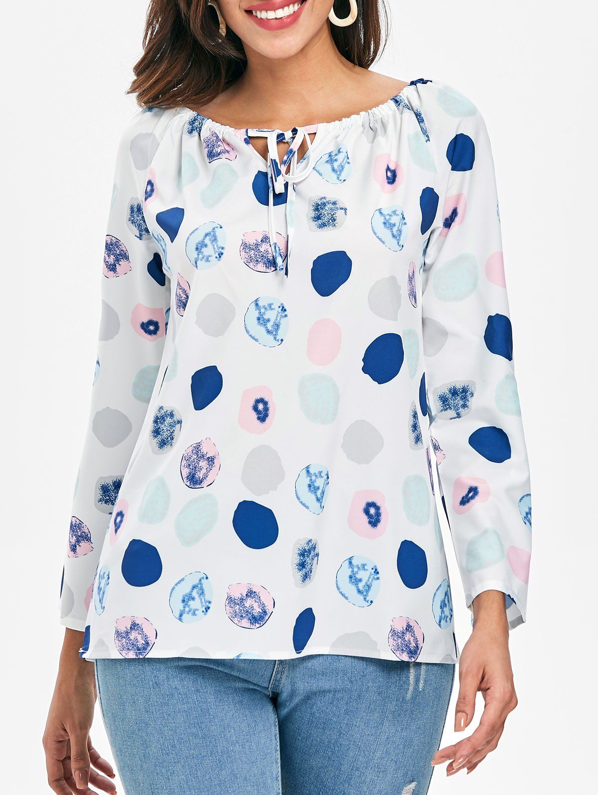 

Long Sleeve Polka Dot Print Top, White