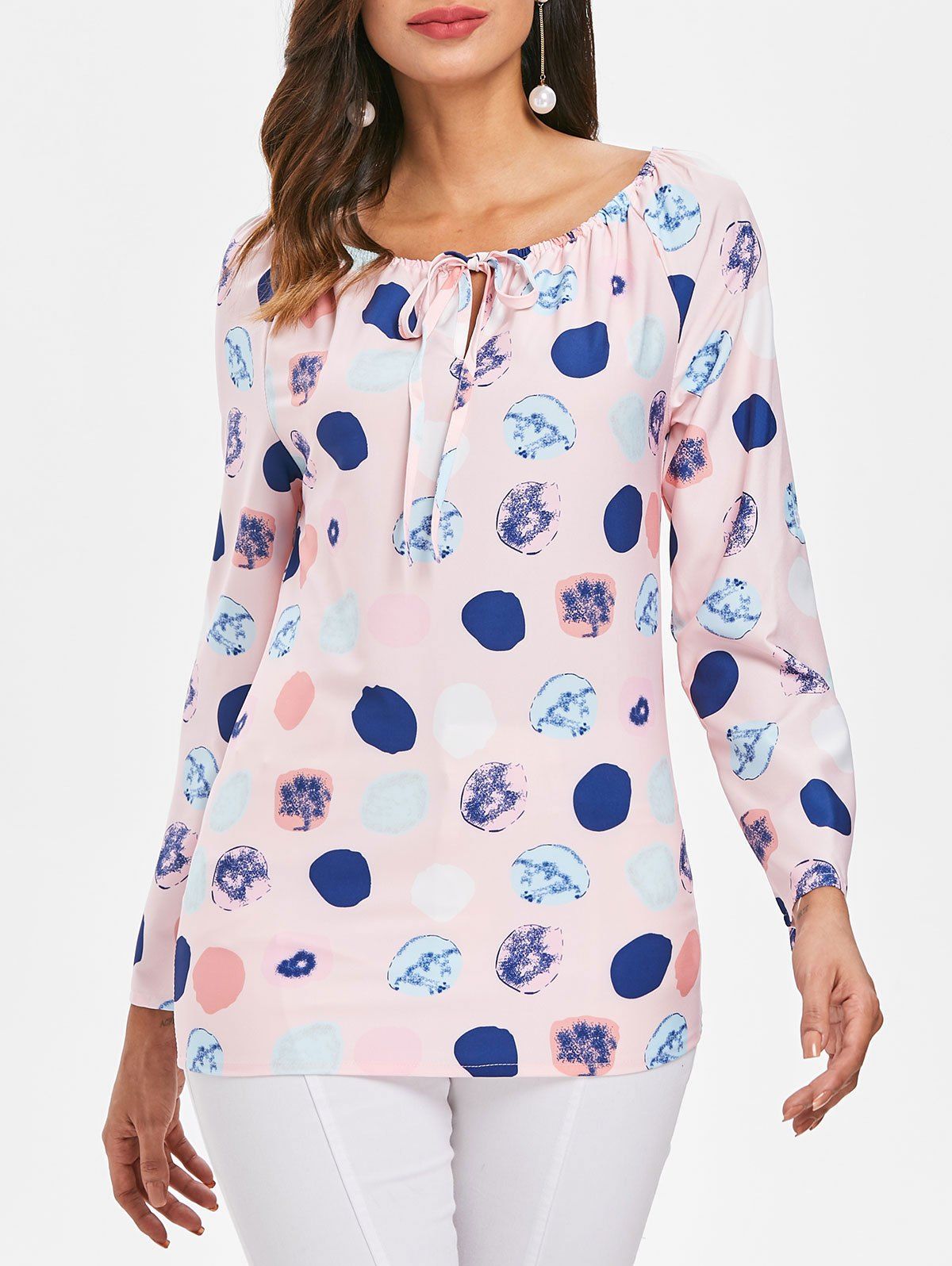 

Long Sleeve Polka Dot Print Top, Light pink