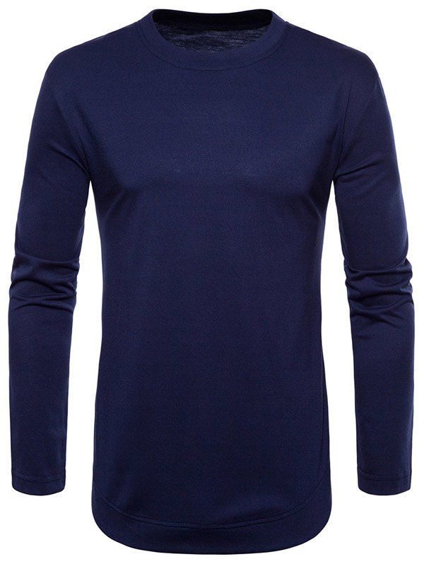 

Curved Seam Hem Solid Color Long Sleeve T-Shirt, Deep blue