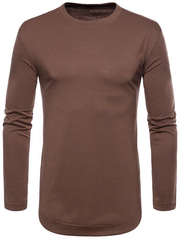

Curved Seam Hem Solid Color Long Sleeve T-Shirt, Coffee