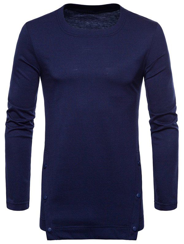 T-shirt Décoré de Button Lâche en Couleur Unie Bleu Cadette 2XL