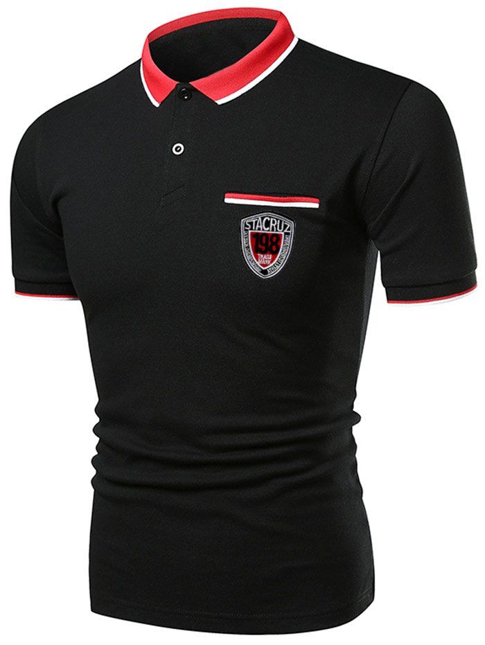 

Striped Collar Number Letter Polo Shirt, Black