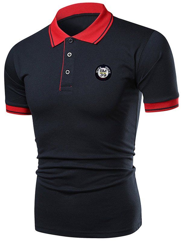

Contrast Color Applique Short Sleeve Polo T-shirt, Denim dark blue