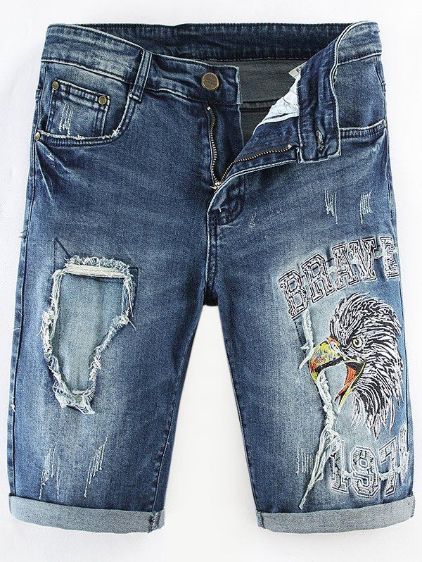 

Distressed Destructed Embroidery Straight Denim Shorts, Windows blue
