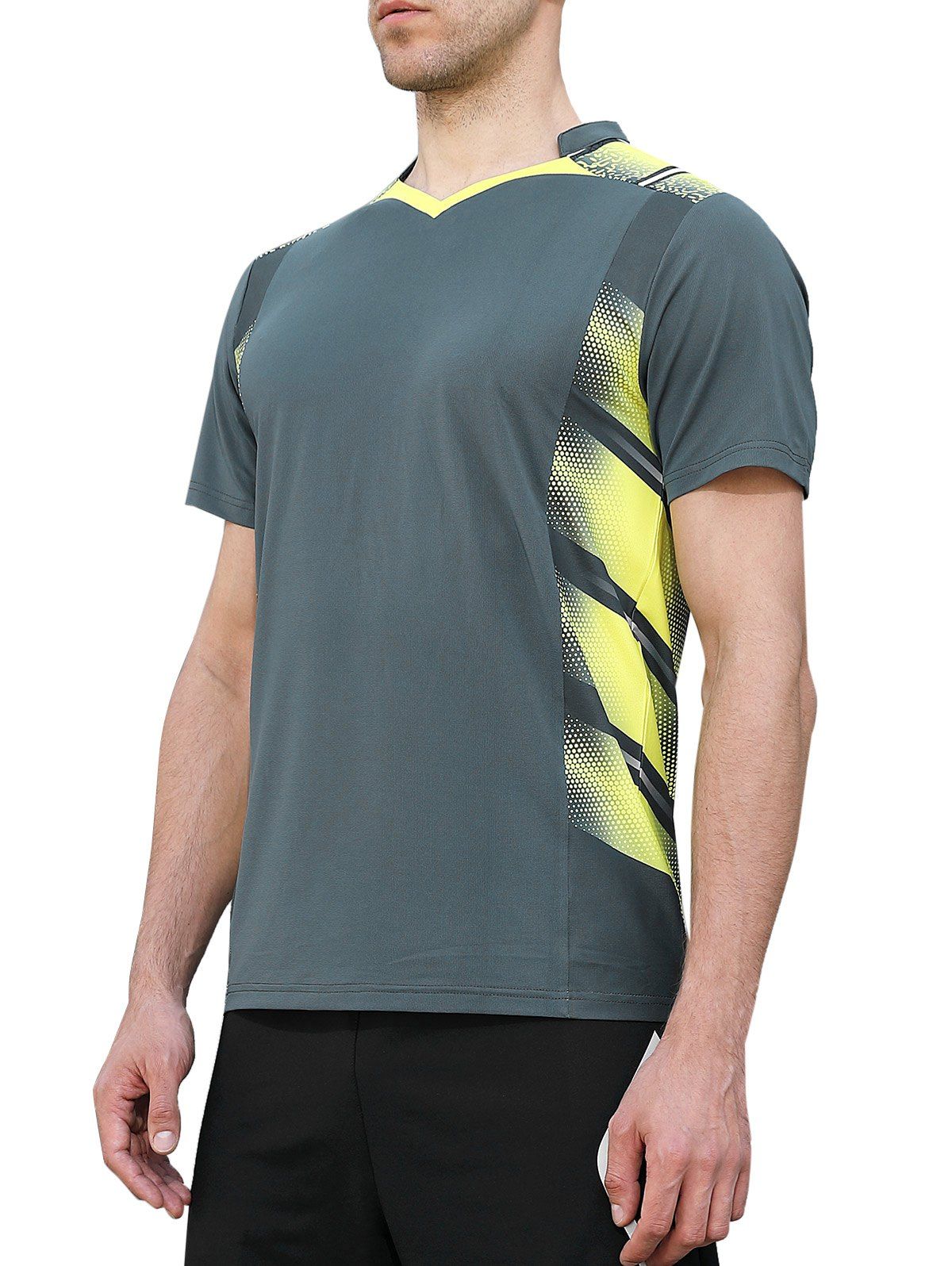 

V Neck Geometric Print Quick Dry Sports T-shirt, Grayish turquoise