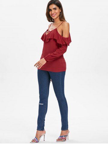 Criss Cross Cold Shoulder Blouse, Red