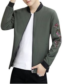 Zip Up Stand Collar Embroidery Crane Jacket - ARMY GREEN - 3XL