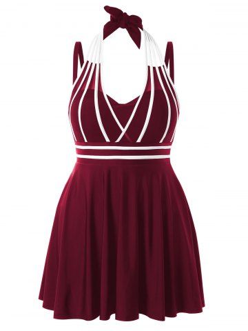 

Plus Size String Skirted One Piece Swimsuit, Red wine