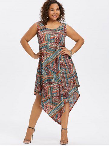 

Plus Size Sleeveless Ethnic Print Asymmetrical Dress, Multi