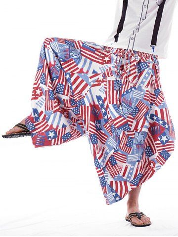 Patriotic American Flag Print Elastic Waist Harem Pants - MULTI - XS
