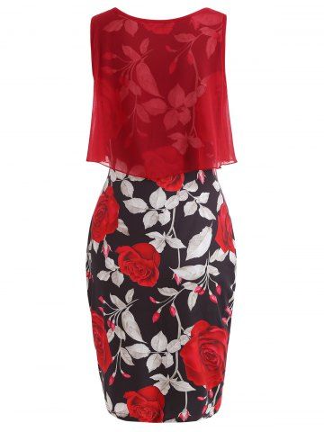 Overlay Floral Print Bodycon Dress, Red