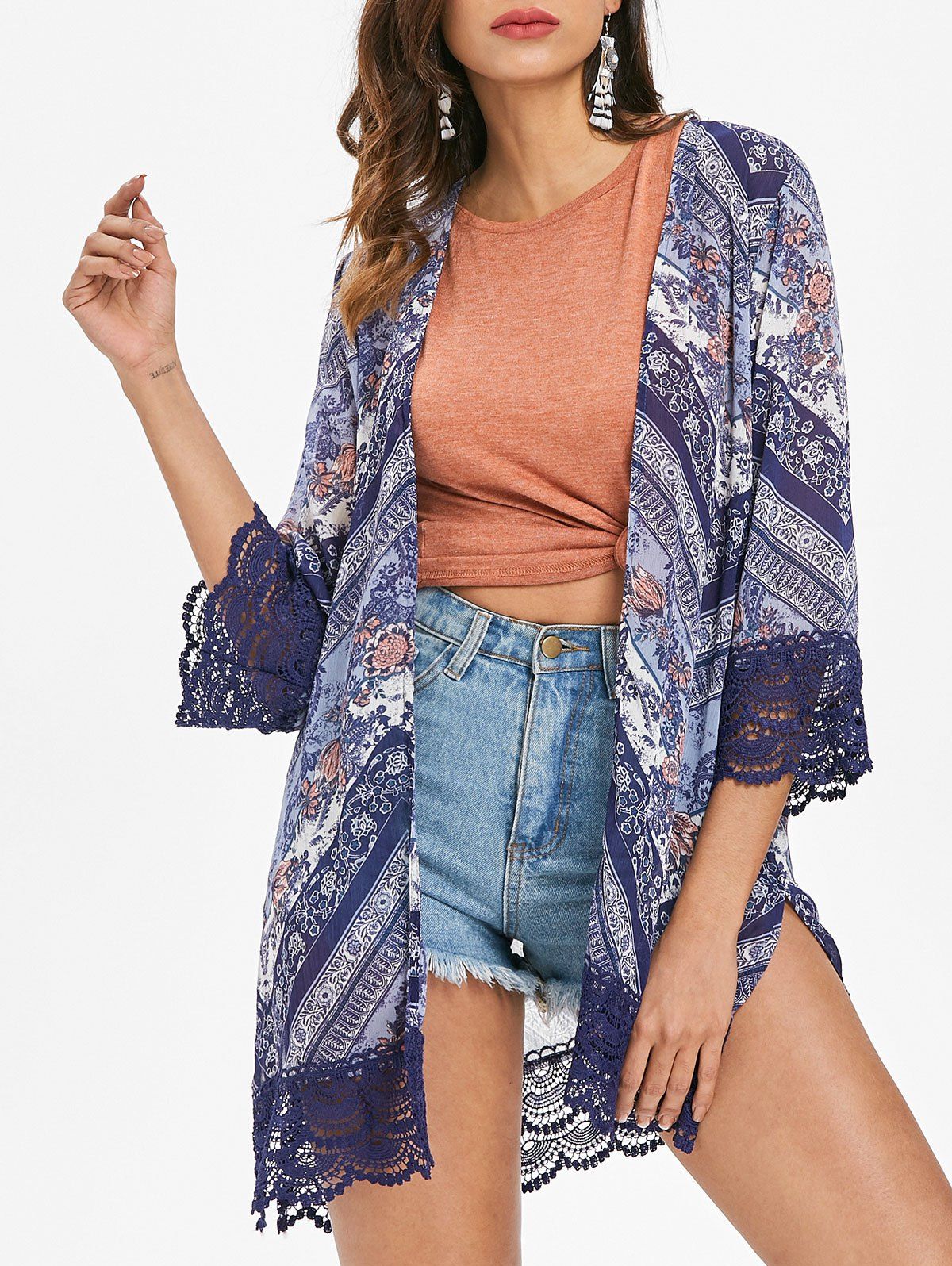 

Print Lace Trim Kimono, Multi