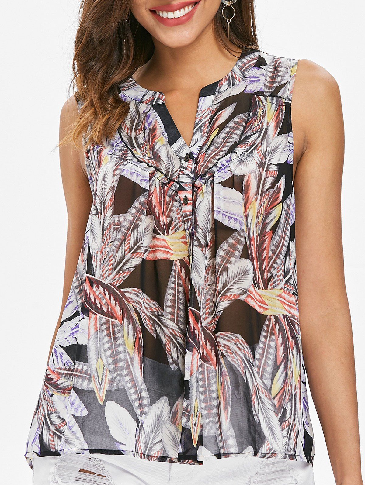 

Feather Pattern Sheer Tank Top, Multi