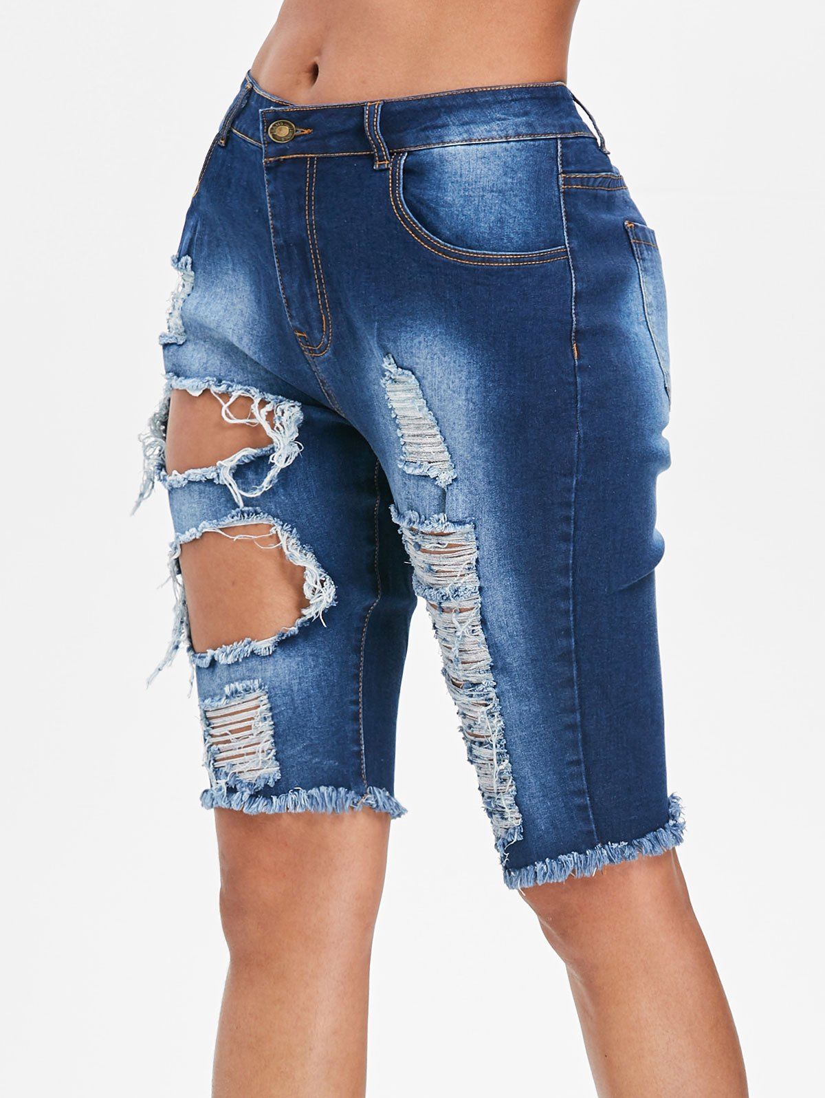 

High Waist Distressed Denim Shorts, Jeans blue