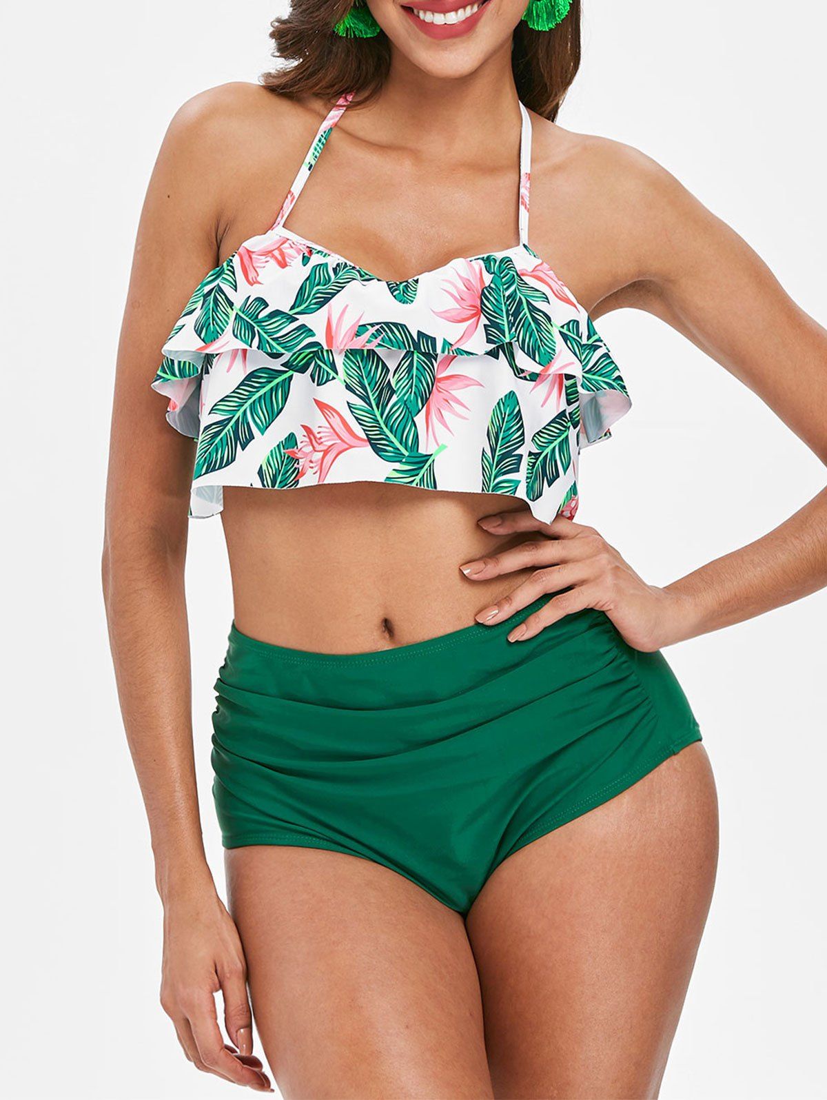 

Palm Flower Tummy Control Bikini Set, Green