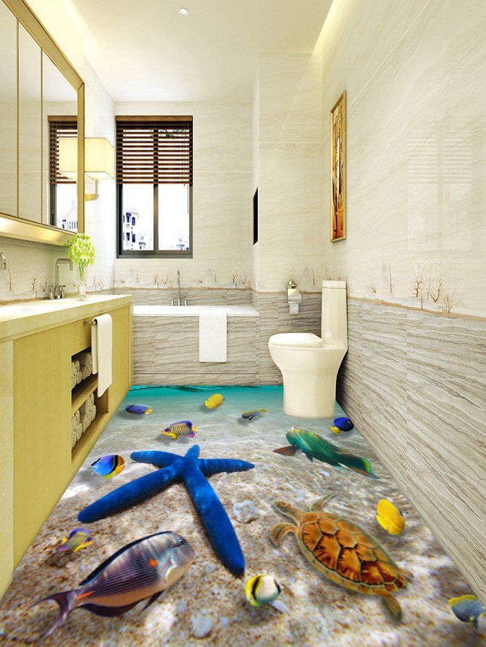 

3D Starfish Printed Removable Decor Floor Sticker, Deep sky blue
