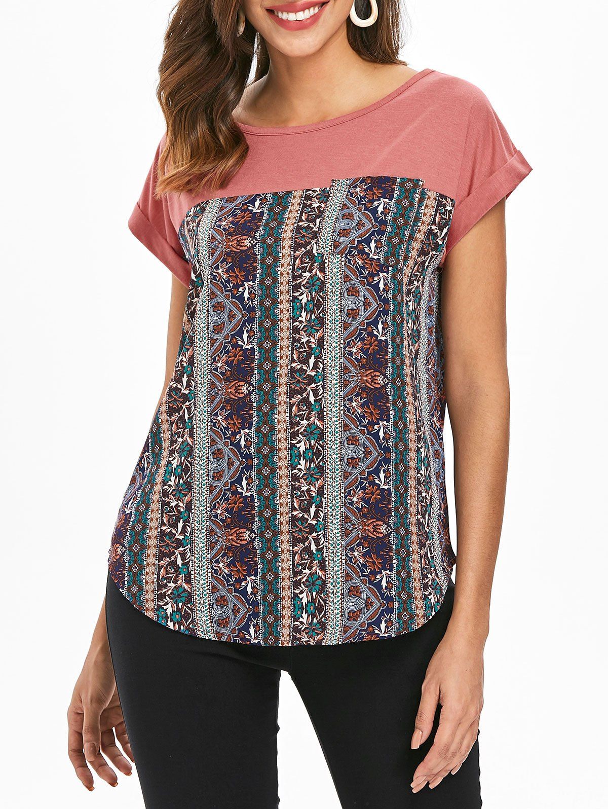 

Pocket Ethnic Print Panel T-shirt, Multi