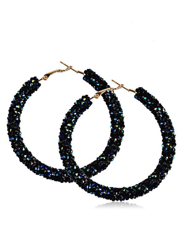 

Pair of Color Crystal Decorative Round Hoop Earrings, Black