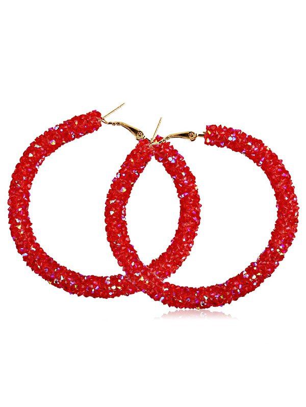 

Pair of Color Crystal Decorative Round Hoop Earrings, Red